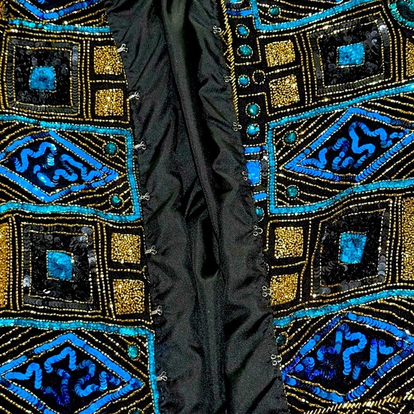 👠 💎 SCALA Vintage 80s Beaded & Sequined Jacket | Gold Green Blue Collector Sz M - Picture 5 of 8